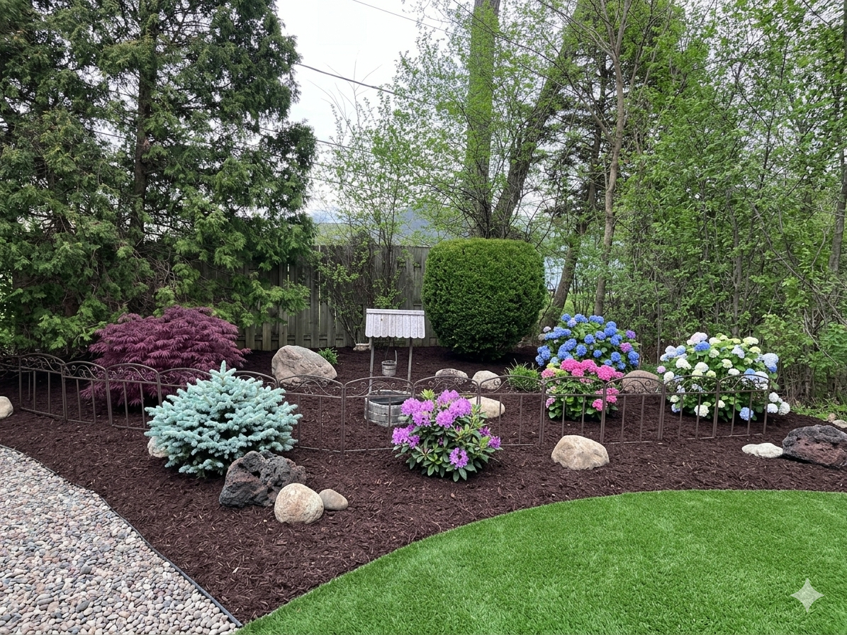Mulched garden bed with ornamentals